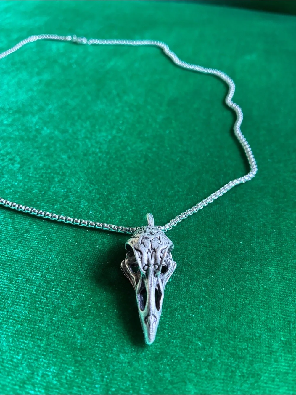 Gothic raven crow skull pendant necklace in silvertone Edgar Allan Poe inspired